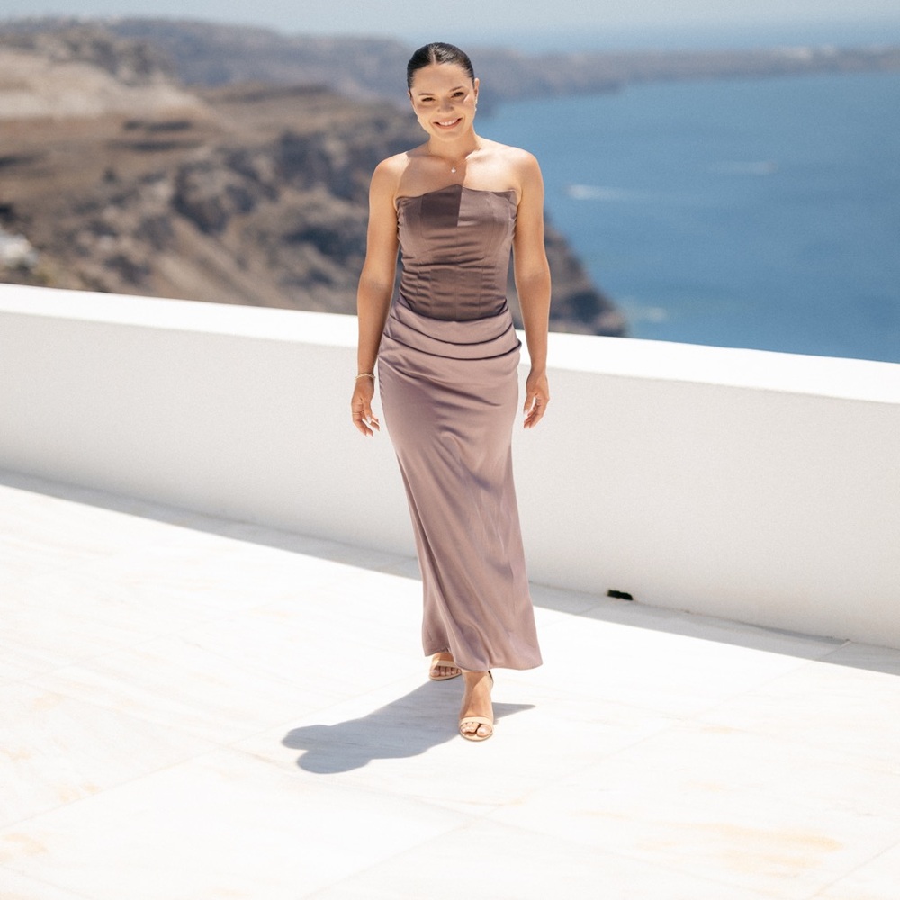 Chic Strapless Satin Gown in Taupe